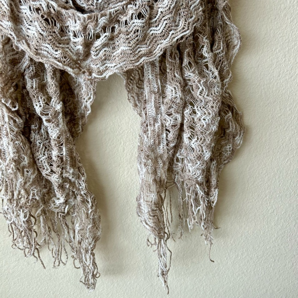 Cream and Tan Scarf Crochet Looseweave Fringe Soft 18" wide x 80" long - Picture 10 of 16